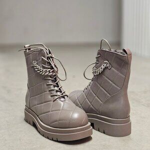 Quilted Faux Leather Lace-Up Combat Boots With Chain Accent Taupe Color